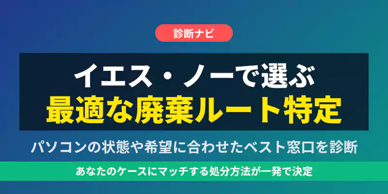 状況別おすすめPC廃棄方法チャートの案内バナー。条件に合わせた最適な処分先を診断。