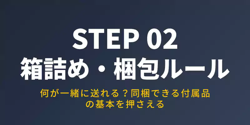 ステップ2、パソコンの梱包と箱詰め作業。回収可能なアイテムと対象外のルールを確認するための案内バナー。